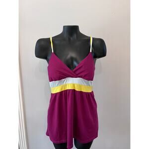 VTG Charming Babydoll Tank Cami ColorBlock maroon/Yellow/Whte Sz L Y2K Vacation